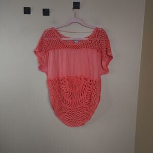 We the Free Women's Short Sleeve Macrame Blouse in Coral Size M/L